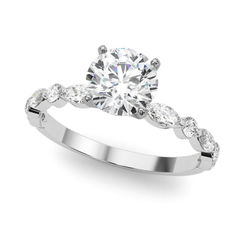 White gold Round Solitaire with Side Stones on a Pavé Band and Four-Prong Setting