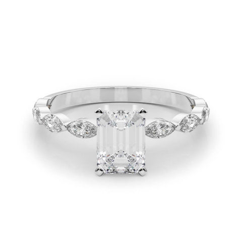 Platinum Emerald Solitaire Marquise Side Stone Prong Setting Ring