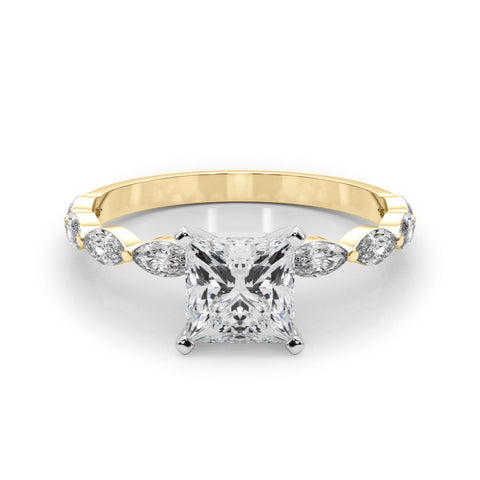 Yellow gold Princess Solitaire Marquise Side Stone Prong Setting Ring
