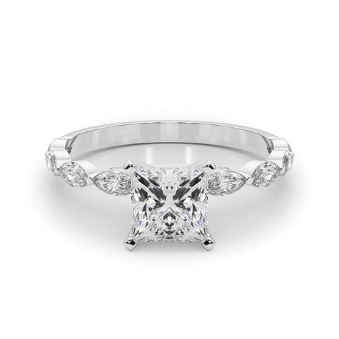 White gold Princess Solitaire Marquise Side Stone Prong Setting Ring