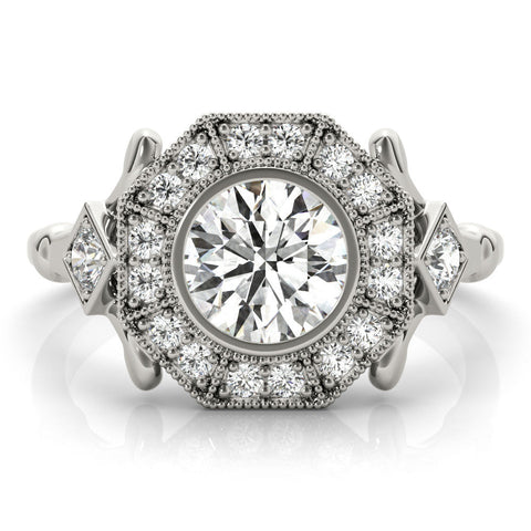 White gold Round Halo Milgrain Diamond Ring with Split Shank and Bezel Setting