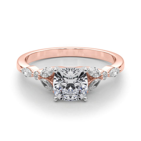 Rose gold Cushion Diamond Solitaire with Side Stones on a White Gold Band and Four-Prong Setting