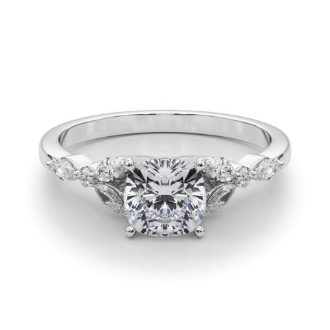 White gold Cushion Diamond Solitaire with Side Stones on a White Gold Band and Four-Prong Setting