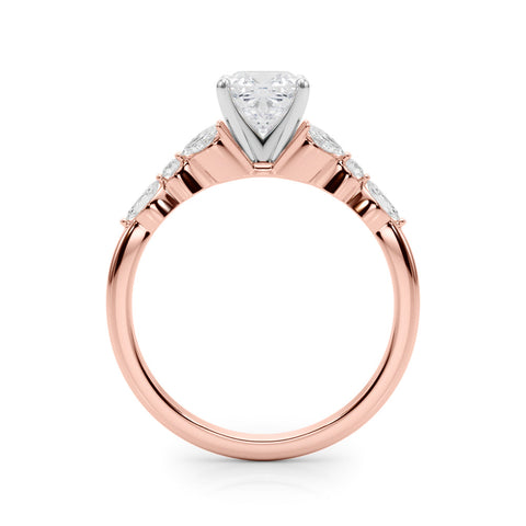 Rose gold Cushion Diamond Solitaire with Side Stones on a White Gold Band and Four-Prong Setting