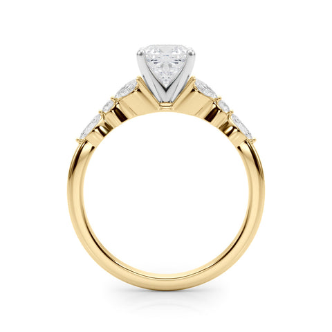 Yellow gold Cushion Diamond Solitaire with Side Stones on a White Gold Band and Four-Prong Setting