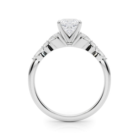 White gold Cushion Diamond Solitaire with Side Stones on a White Gold Band and Four-Prong Setting