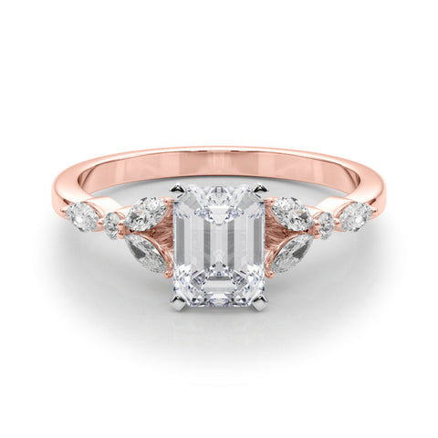 Rose gold Emerald Diamond Solitaire with Side Stones on a White Gold Band and Four-Prong Setting