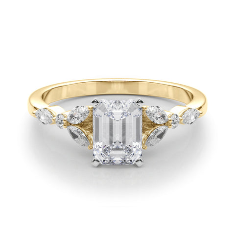 Yellow gold Radiant Diamond Solitaire with Side Stones on a White Gold Band and Four-Prong Setting