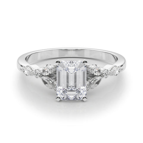 Platinum Emerald Diamond Solitaire with Side Stones on a White Gold Band and Four-Prong Setting