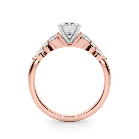 Rose gold Emerald Diamond Solitaire with Side Stones on a White Gold Band and Four-Prong Setting