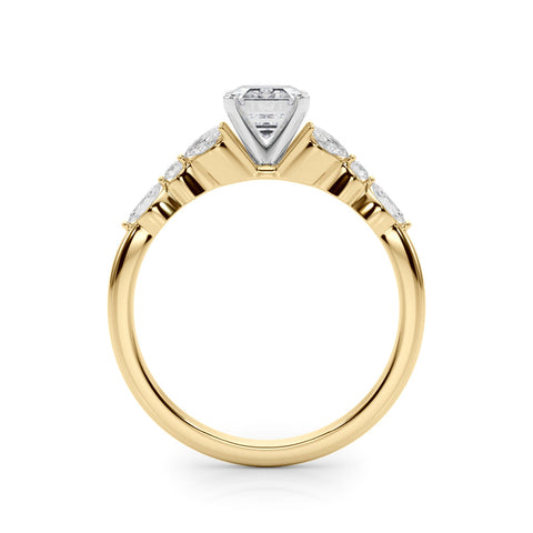 Yellow gold Radiant Diamond Solitaire with Side Stones on a White Gold Band and Four-Prong Setting