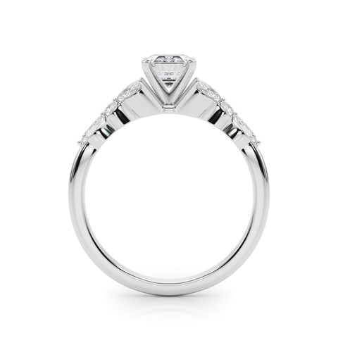 Platinum Emerald Diamond Solitaire with Side Stones on a White Gold Band and Four-Prong Setting