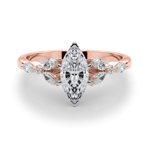Rose gold Marquise Diamond Solitaire with Side Stones on a White Gold Band and Four-Prong Setting