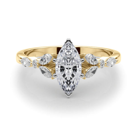 Yellow gold Marquise Diamond Solitaire with Side Stones on a White Gold Band and Four-Prong Setting