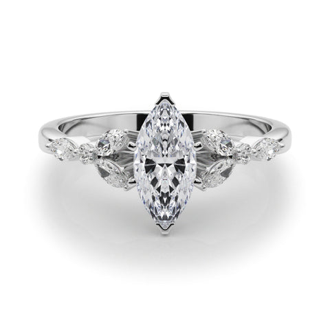 White gold Marquise Diamond Solitaire with Side Stones on a White Gold Band and Six-Prong Setting