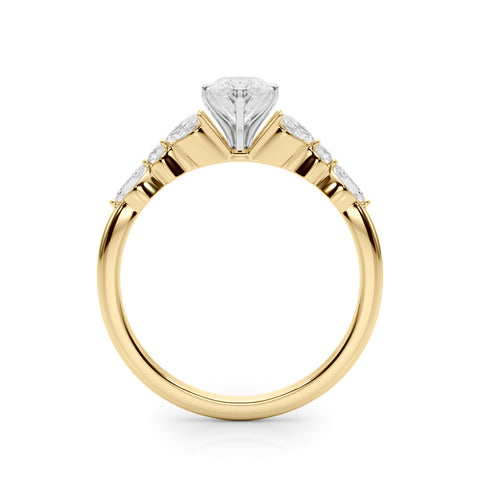 Yellow gold Marquise Diamond Solitaire with Side Stones on a White Gold Band and Four-Prong Setting