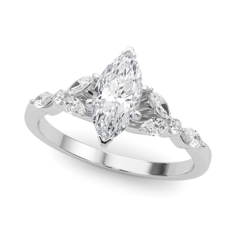 Platinum Marquise Diamond Solitaire with Side Stones on a White Gold Band and Four-Prong Setting