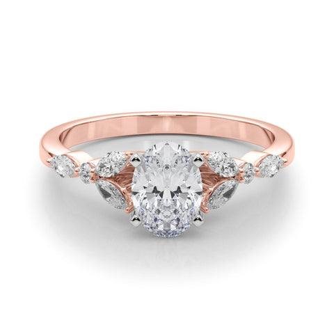 Rose gold Oval Diamond Solitaire with Side Stones on a White Gold Band and Four-Prong Setting