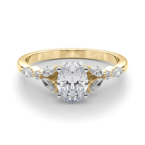Yellow gold Oval Diamond Solitaire with Side Stones on a White Gold Band and Four-Prong Setting