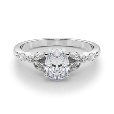 White gold Oval Diamond Solitaire with Side Stones on a White Gold Band and Four-Prong Setting