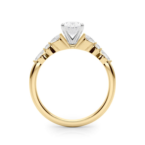 Yellow gold Oval Diamond Solitaire with Side Stones on a White Gold Band and Four-Prong Setting