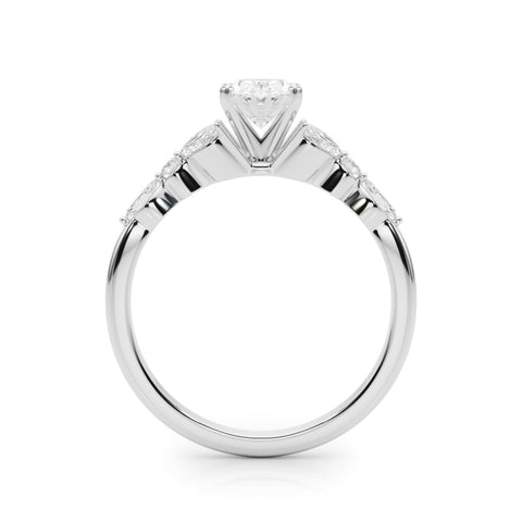 White gold Oval Diamond Solitaire with Side Stones on a White Gold Band and Four-Prong Setting