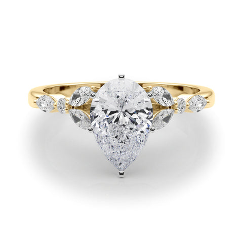 Yellow gold Pear Diamond Solitaire with Side Stones on a White Gold Band and Four-Prong Setting