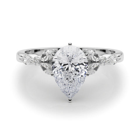 Platinum Pear Diamond Solitaire with Side Stones on a White Gold Band and Four-Prong Setting