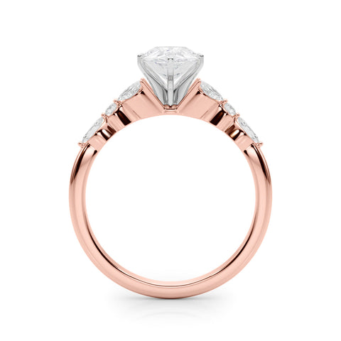 Rose gold Pear Diamond Solitaire with Side Stones on a White Gold Band and Four-Prong Setting