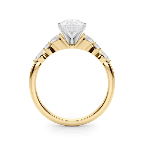 Yellow gold Pear Diamond Solitaire with Side Stones on a White Gold Band and Four-Prong Setting