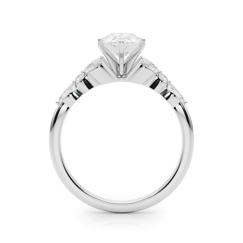 Platinum Pear Diamond Solitaire with Side Stones on a White Gold Band and Four-Prong Setting