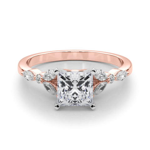 Rose gold Princess Diamond Solitaire with Side Stones on a White Gold Band and Four-Prong Setting