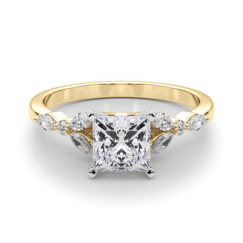 Yellow gold Princess Diamond Solitaire with Side Stones on a White Gold Band and Four-Prong Setting
