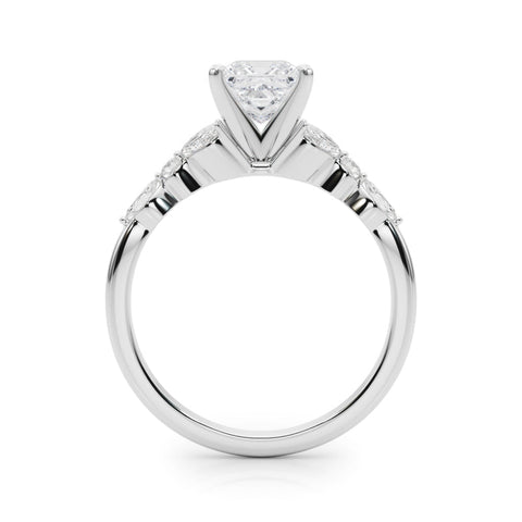 White gold Princess Diamond Solitaire with Side Stones on a White Gold Band and Four-Prong Setting