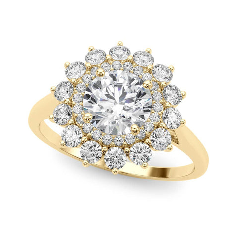 Yellow gold Round Halo Cluster Diamond Ring with Pave Band and Four-Prong Setting