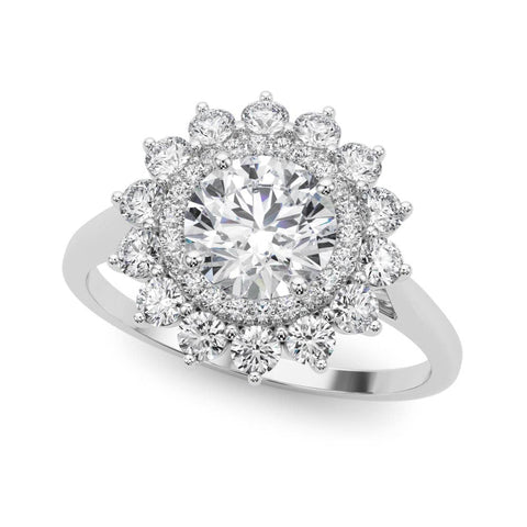 Platinum Round Halo Cluster Diamond Ring with Pave Band and Four-Prong Setting