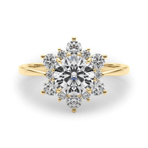 Yellow gold Round Diamond Cluster Halo Ring with Solitaire Band and Four-Prong Setting