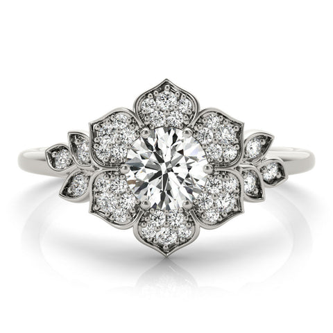 Platinum Round Brilliant Diamond Floral Halo Ring with Pavé Band and Four-Prong Setting