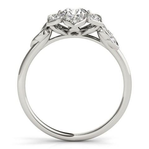 Platinum Round Brilliant Diamond Floral Halo Ring with Pavé Band and Four-Prong Setting