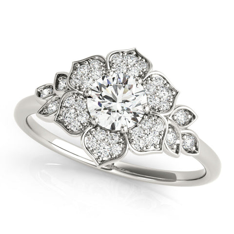 Platinum Round Brilliant Diamond Floral Halo Ring with Pavé Band and Four-Prong Setting