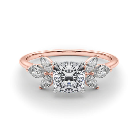 Rose gold Cushion Diamond Floral Cluster Ring with Marquise Side Stones and Six-Prong Solitaire Setting