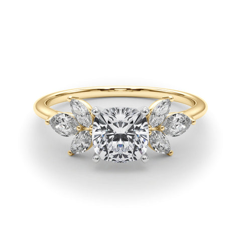 Yellow gold Cushion Diamond Floral Cluster Ring with Marquise Side Stones and Six-Prong Solitaire Setting