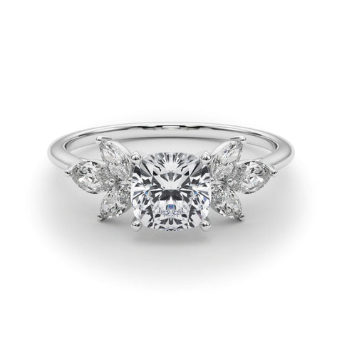Platinum Cushion Diamond Floral Cluster Ring with Marquise Side Stones and Six-Prong Solitaire Setting