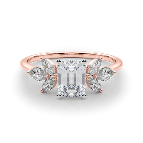 Rose gold Emerald Diamond Floral Cluster Ring with Marquise Side Stones and Six-Prong Solitaire Setting