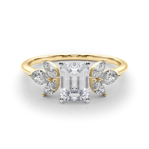 Yellow gold Emerald Diamond Floral Cluster Ring with Marquise Side Stones and Six-Prong Solitaire Setting