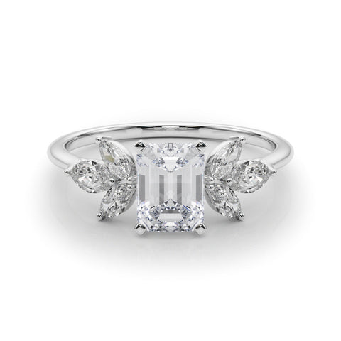 White gold Emerald Diamond Floral Cluster Ring with Marquise Side Stones and Six-Prong Solitaire Setting