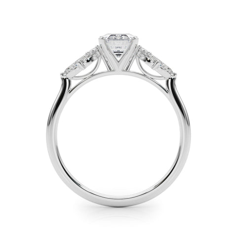 White gold Emerald Diamond Floral Cluster Ring with Marquise Side Stones and Six-Prong Solitaire Setting
