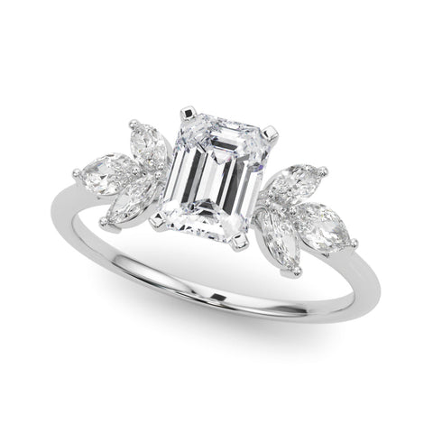 Platinum Emerald Diamond Floral Cluster Ring with Marquise Side Stones and Six-Prong Solitaire Setting