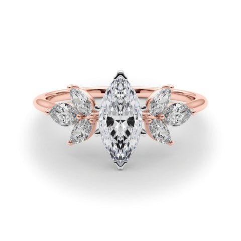 Rose gold Marquise Diamond Floral Cluster Ring with Marquise Side Stones and Six-Prong Solitaire Setting