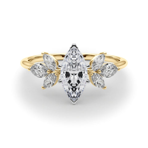 Yellow gold Marquise Diamond Floral Cluster Ring with Marquise Side Stones and Six-Prong Solitaire Setting